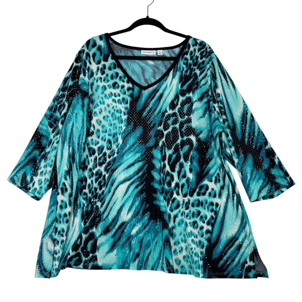 Susan Graver Sequin Tunic Top Size 3X Turquoise Black Animal Print V-Neck